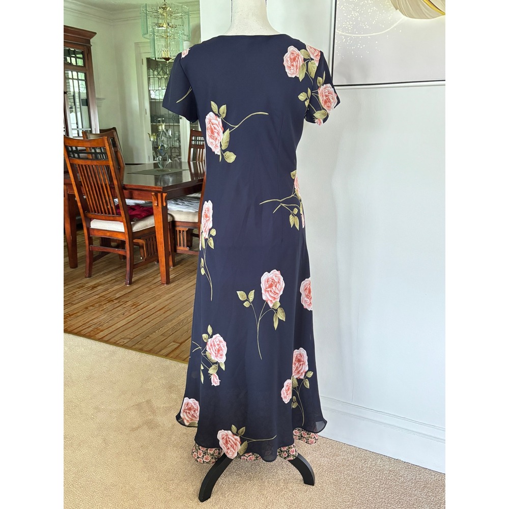 Vintage Jessica Howard Navy Pink Rose Floral Maxi Dress Size 6 Layered Hem - Picture 2 of 6
